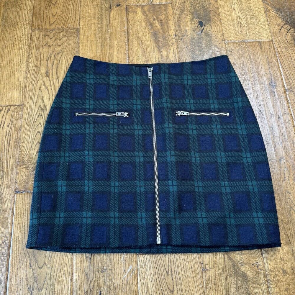 Plaid Green and Navy Mini Skirt with Front Zip